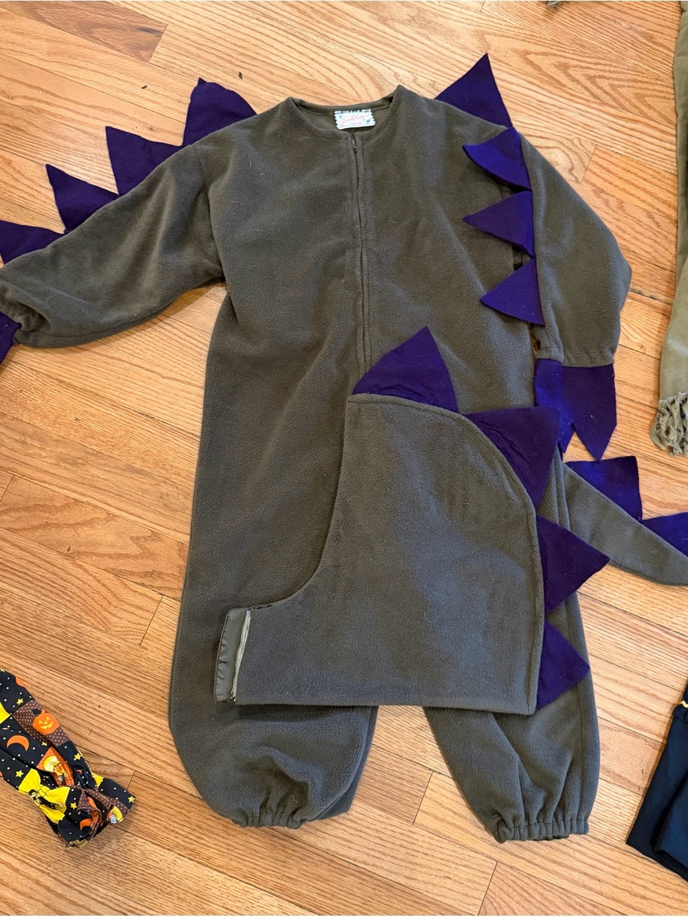 Kids Olive Green Dinosaur Costume with Purple Spikes - Hooded Fleece Romper